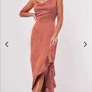 NWT blush satin ruffle side cami midi dress